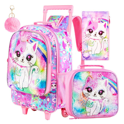 3PCS 2-in-1 Reversible Cat Glitter Backpack with Wheels and Lunchbox Pencil Case Set - ChildAngle