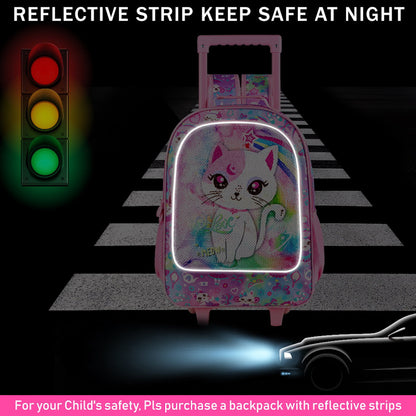 3PCS 2-in-1 Reversible Cat Glitter Backpack with Wheels and Lunchbox Pencil Case Set - ChildAngle