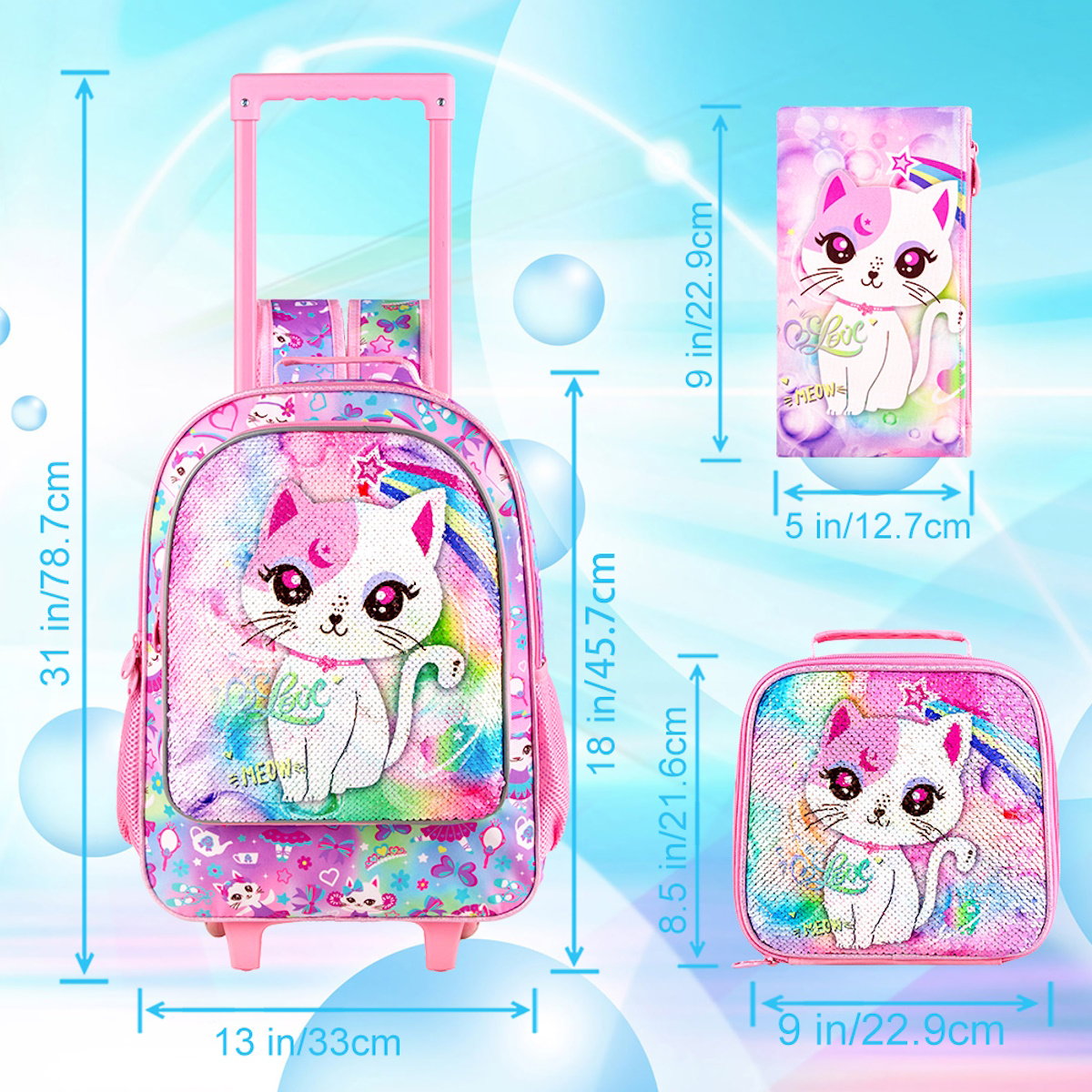 3PCS 2-in-1 Reversible Cat Glitter Backpack with Wheels and Lunchbox Pencil Case Set - ChildAngle