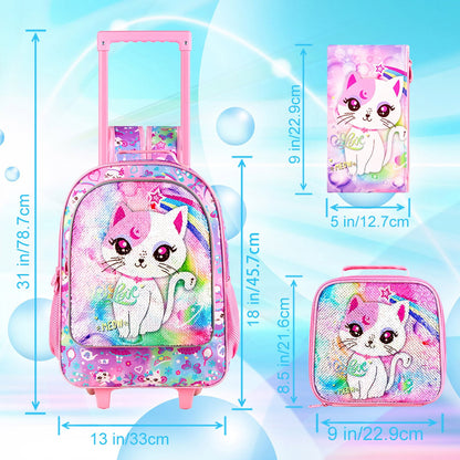 3PCS 2-in-1 Reversible Cat Glitter Backpack with Wheels and Lunchbox Pencil Case Set - ChildAngle