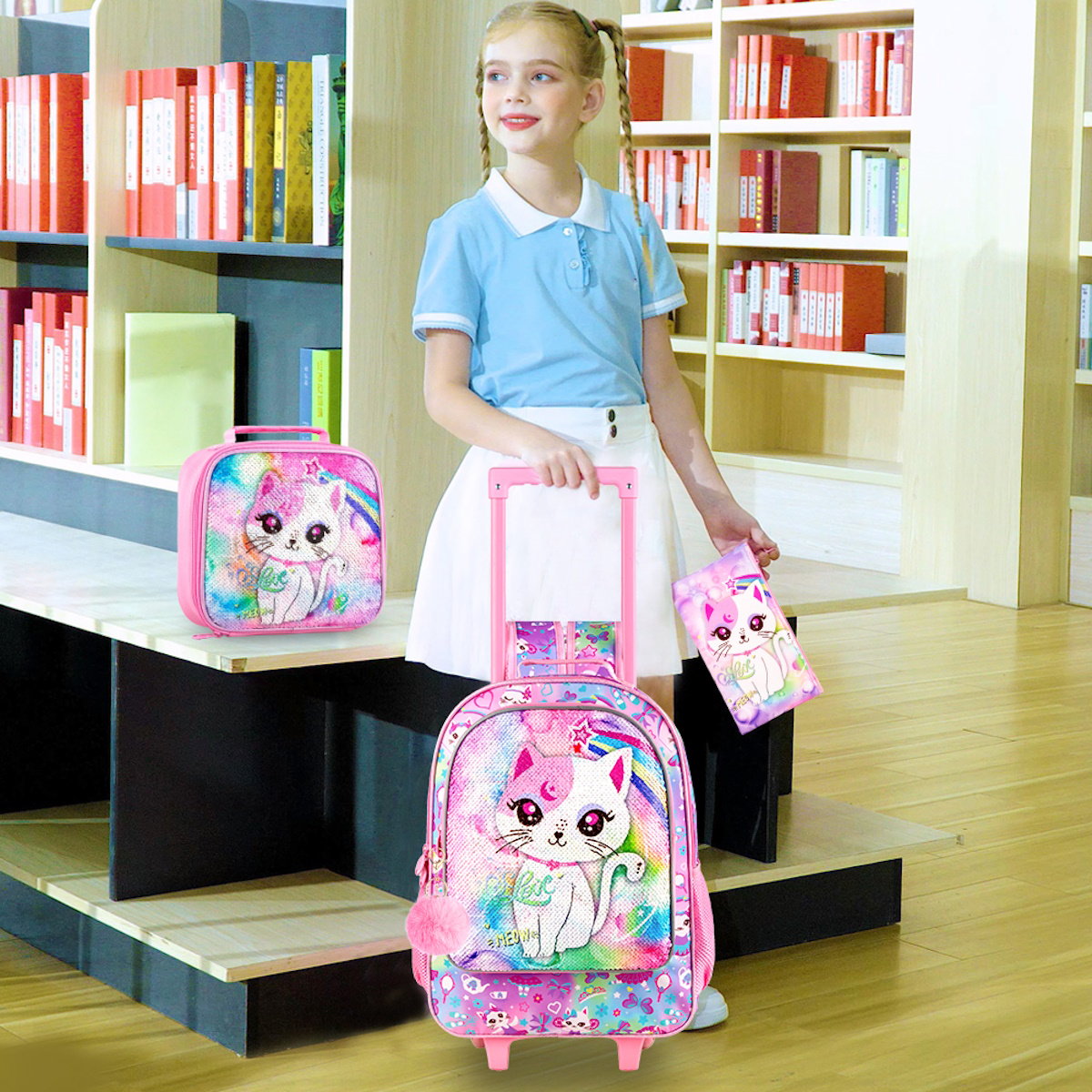 3PCS 2-in-1 Reversible Cat Glitter Backpack with Wheels and Lunchbox Pencil Case Set - ChildAngle