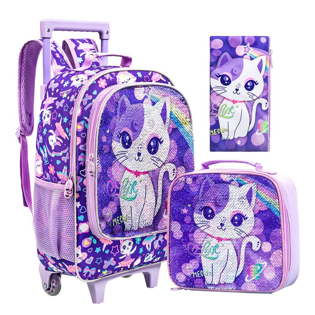 3PCS 2-in-1 Reversible Cat Glitter Backpack with Wheels and Lunchbox Pencil Case Set - ChildAngle