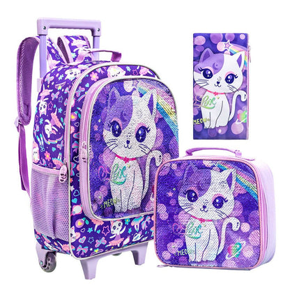 3PCS 2-in-1 Reversible Cat Glitter Backpack with Wheels and Lunchbox Pencil Case Set - ChildAngle