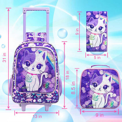 3PCS 2-in-1 Reversible Cat Glitter Backpack with Wheels and Lunchbox Pencil Case Set - ChildAngle