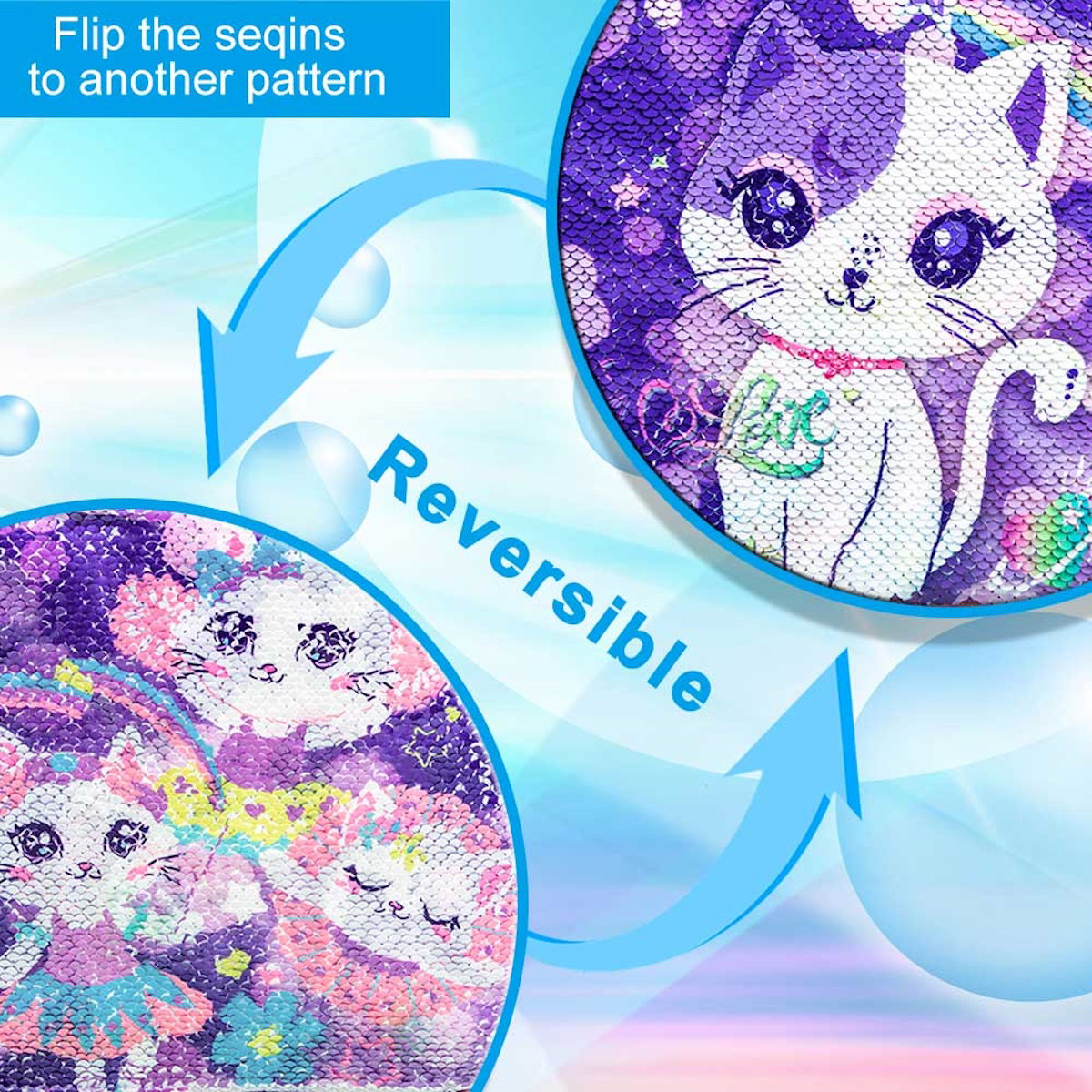 3PCS 2-in-1 Reversible Cat Glitter Backpack with Wheels and Lunchbox Pencil Case Set - ChildAngle