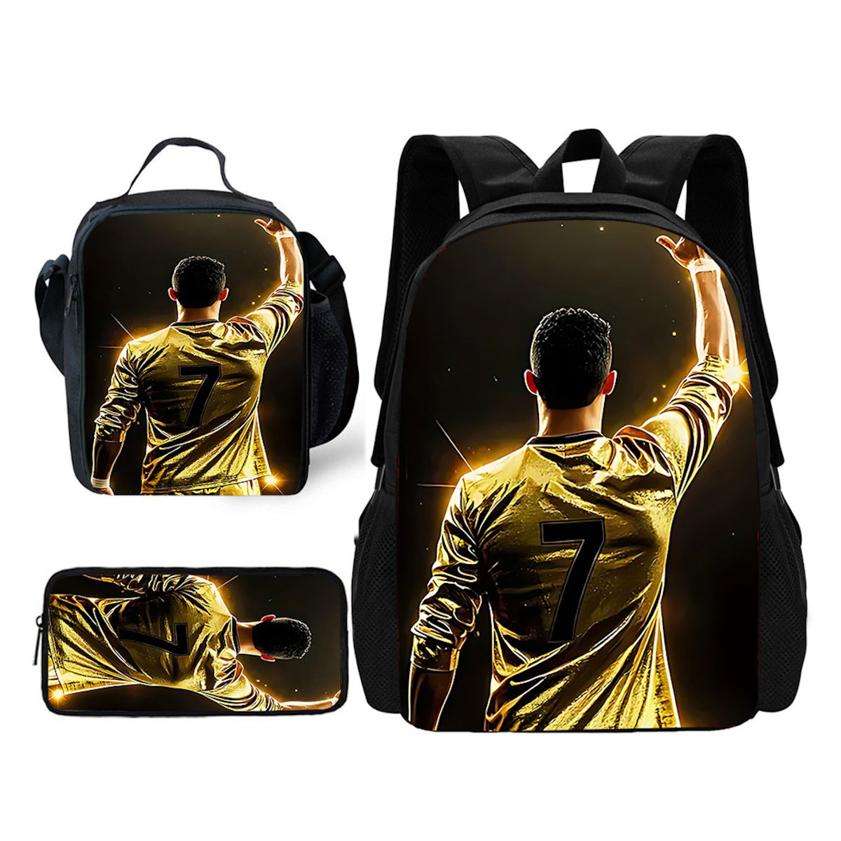 3PCS Football Player Soccer Backpack and Lunchbox Pencil Bag Set - ChildAngle