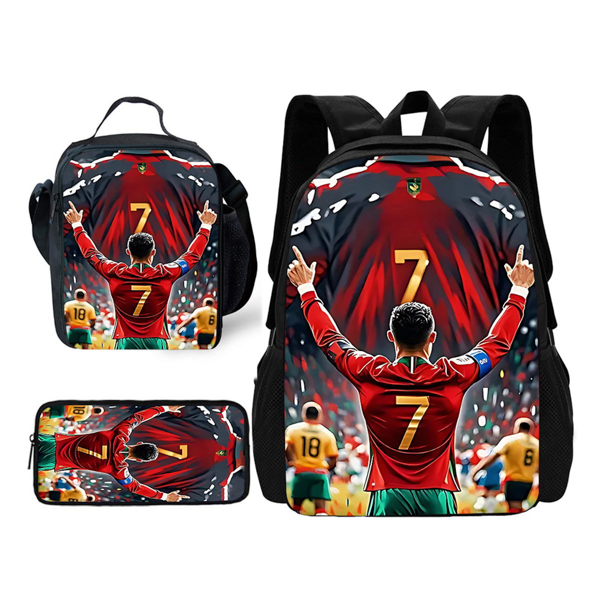 3PCS Football Player Soccer Backpack and Lunchbox Pencil Bag Set - ChildAngle