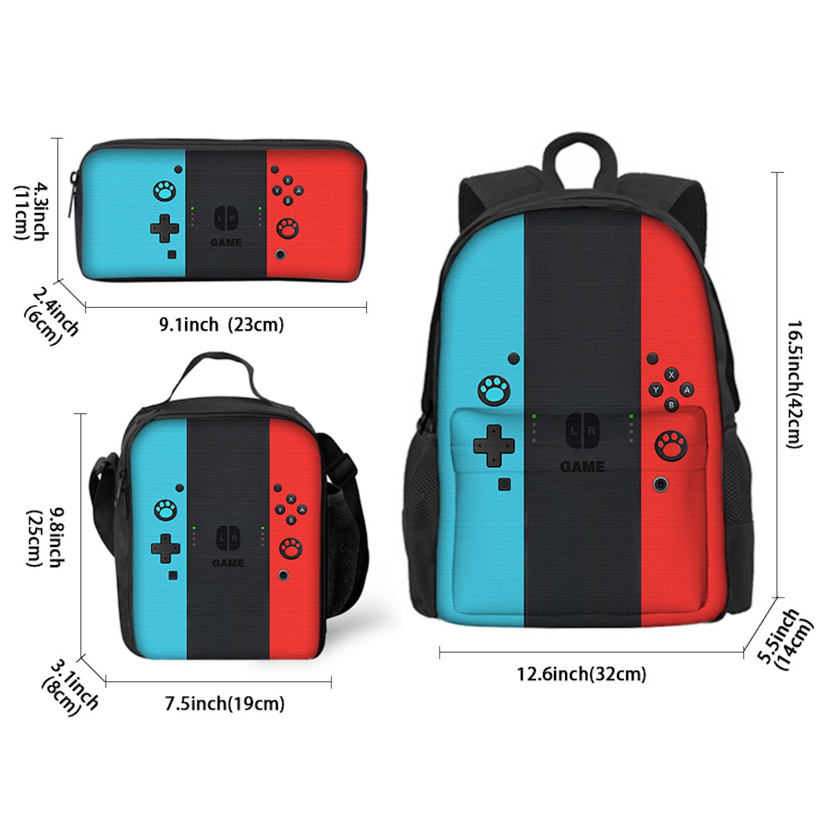 3er-Set Game Console Rucksack, Lunchbox und Federmäppchen