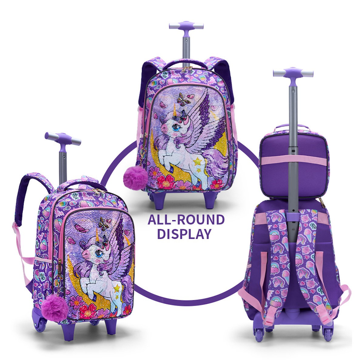 3PCS 2-in-1 Reversible Unicorn Wings Glitter Backpack with Wheels and Lunchbox Pencil Case - ChildAngle