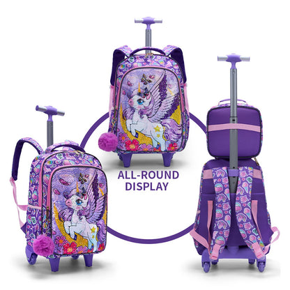 3PCS 2-in-1 Reversible Unicorn Wings Glitter Backpack with Wheels and Lunchbox Pencil Case - ChildAngle