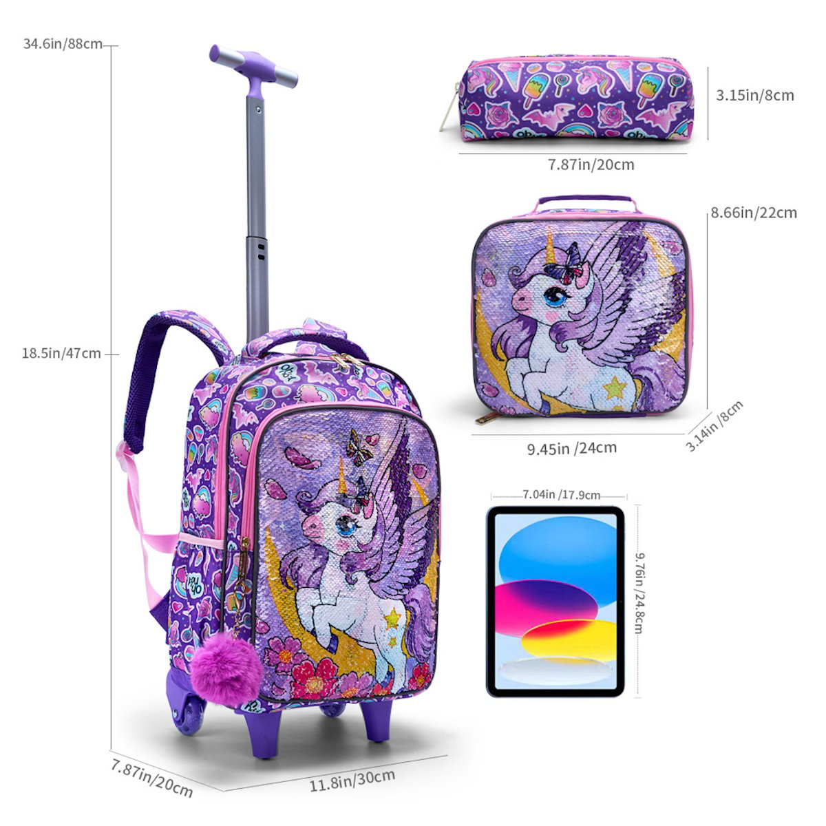 3PCS 2-in-1 Reversible Unicorn Wings Glitter Backpack with Wheels and Lunchbox Pencil Case - ChildAngle