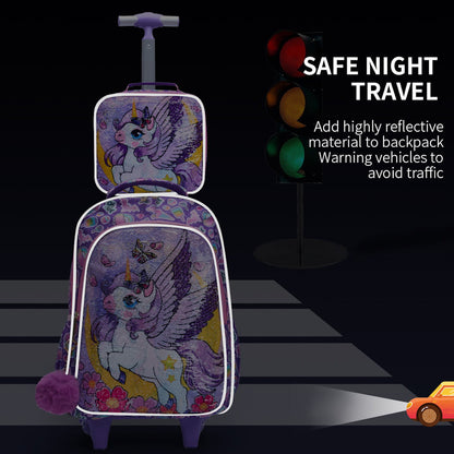 3PCS 2-in-1 Reversible Unicorn Wings Glitter Backpack with Wheels and Lunchbox Pencil Case - ChildAngle