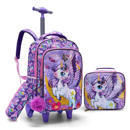 3PCS 2-in-1 Reversible Unicorn Wings Glitter Backpack with Wheels and Lunchbox Pencil Case - ChildAngle