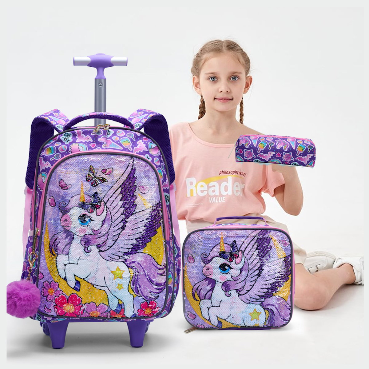 3PCS 2-in-1 Reversible Unicorn Wings Glitter Backpack with Wheels and Lunchbox Pencil Case - ChildAngle
