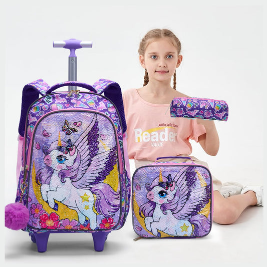 3PCS 2-in-1 Reversible Unicorn Wings Glitter Backpack with Wheels and Lunchbox Pencil Case - ChildAngle