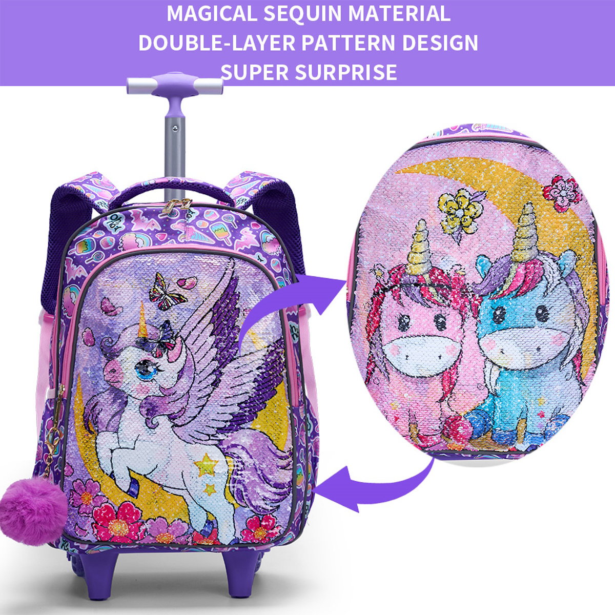 3PCS 2-in-1 Reversible Unicorn Wings Glitter Backpack with Wheels and Lunchbox Pencil Case - ChildAngle