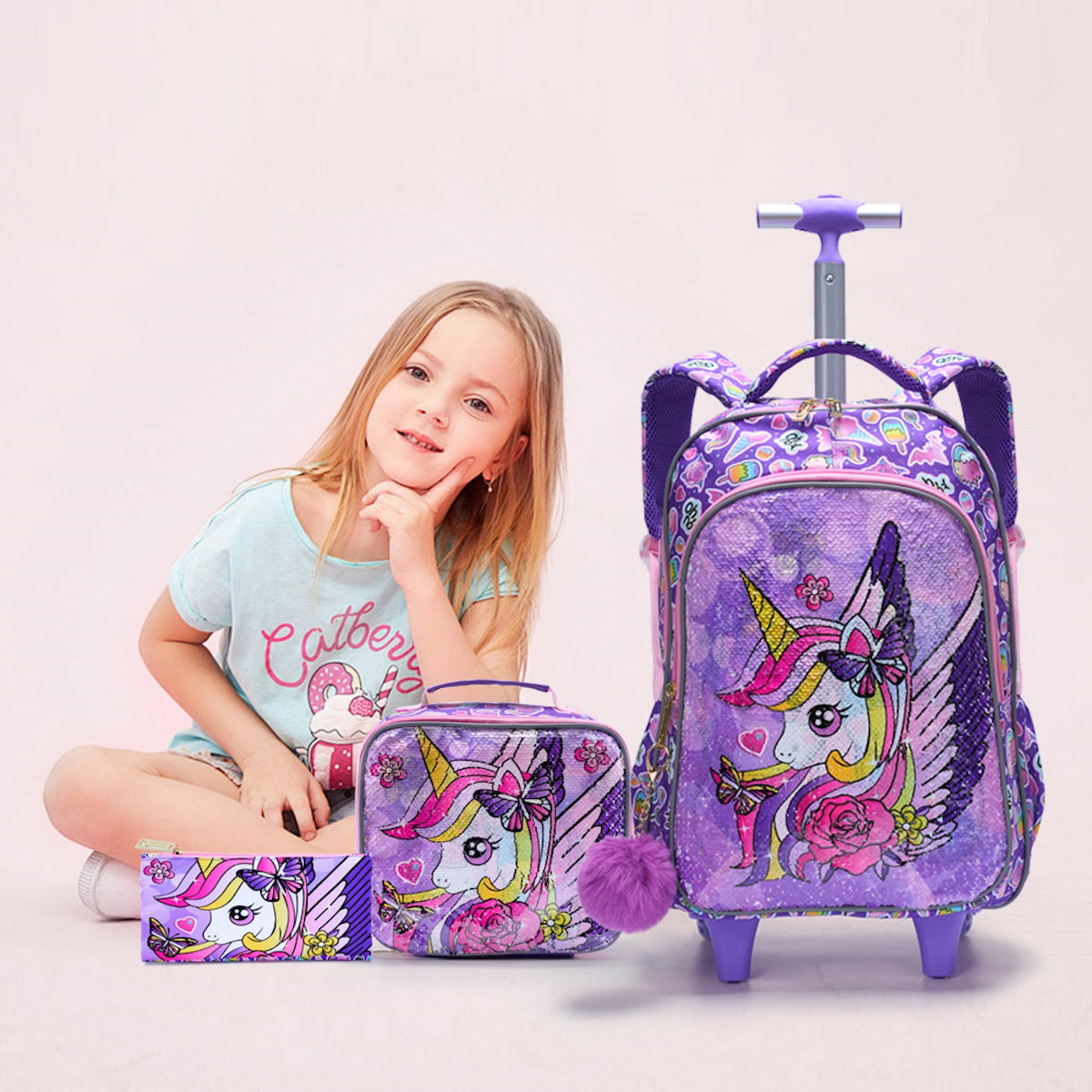 3PCS 2-in-1 Reversible Unicorn Wings Glitter Backpack with Wheels and Lunchbox Pencil Case - ChildAngle