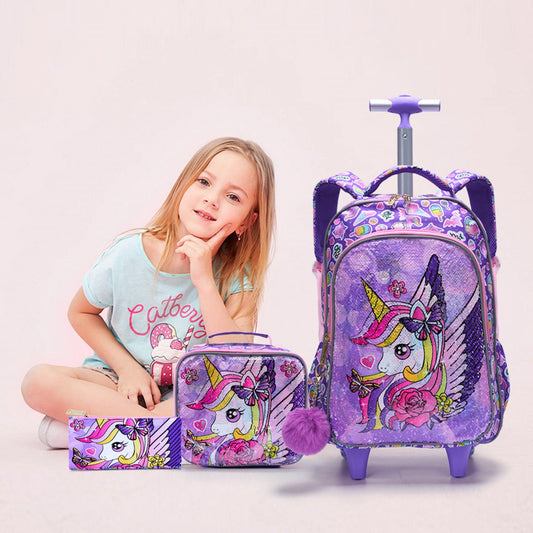 3PCS 2-in-1 Reversible Unicorn Wings Glitter Backpack with Wheels and Lunchbox Pencil Case - ChildAngle