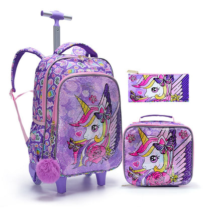 3PCS 2-in-1 Reversible Unicorn Wings Glitter Backpack with Wheels and Lunchbox Pencil Case - ChildAngle