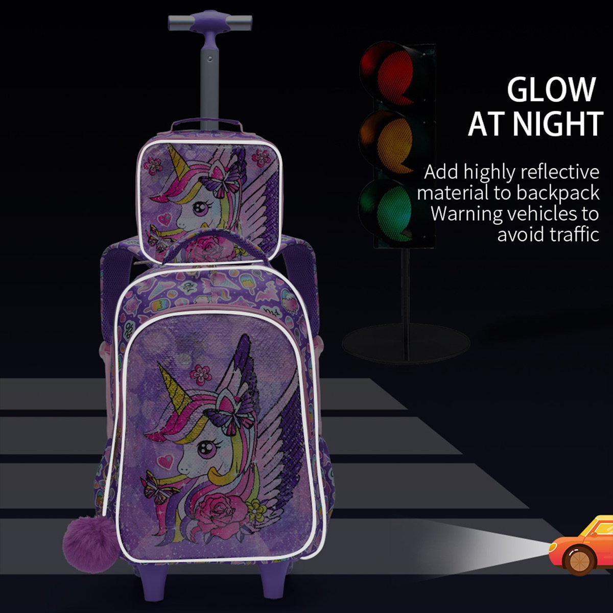 3PCS 2-in-1 Reversible Unicorn Wings Glitter Backpack with Wheels and Lunchbox Pencil Case, A