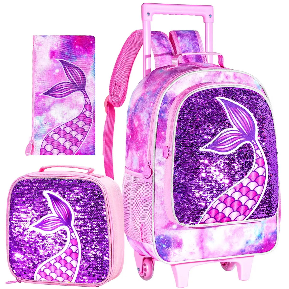 3PCS Reflective Glitter Mermaid Tail Childrens Rucksack with Wheels and Lunchbox Pencil Case Set - ChildAngle