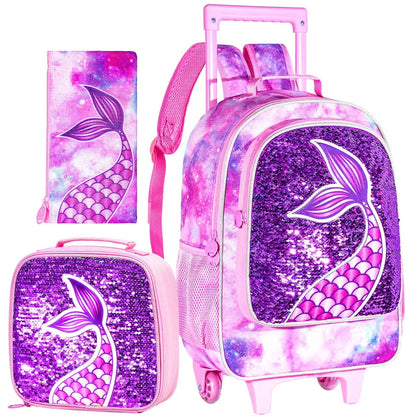 3PCS Reflective Glitter Mermaid Tail Childrens Rucksack with Wheels and Lunchbox Pencil Case Set - ChildAngle