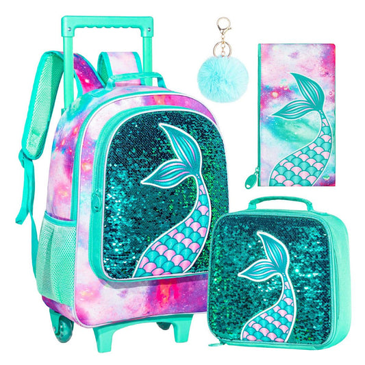 3PCS Reflective Glitter Mermaid Tail Childrens Rucksack with Wheels and Lunchbox Pencil Case Set - ChildAngle