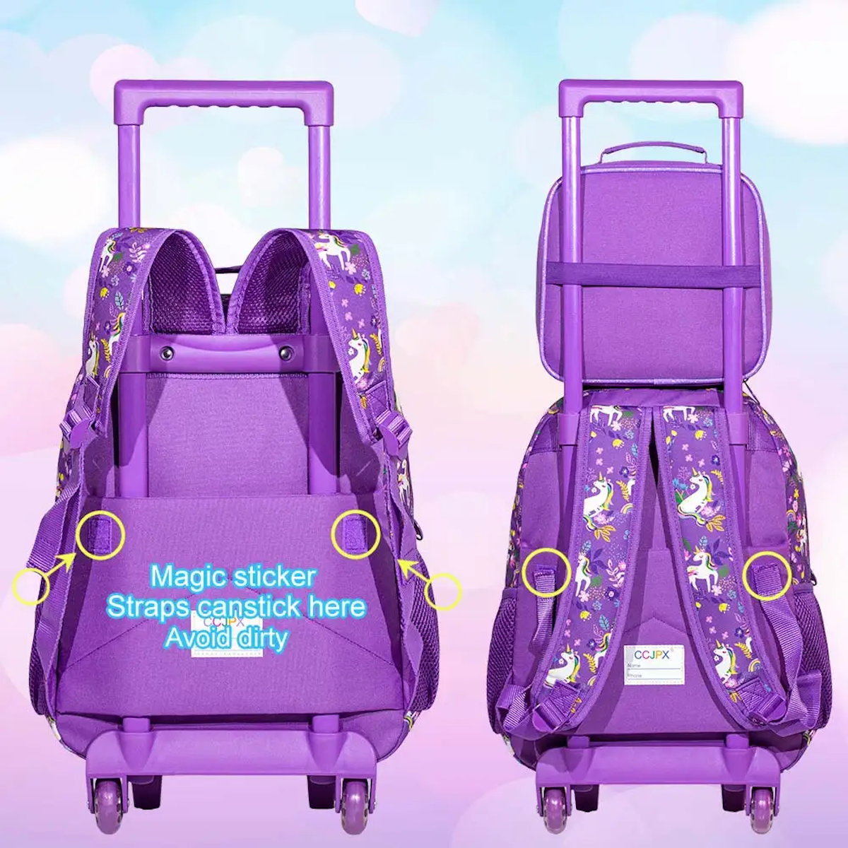 3PCS Reflective Glitter Unicorn Childrens Rucksack with Wheels and Lunchbox Pencil Case Set - ChildAngle