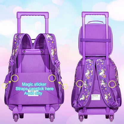3PCS Reflective Glitter Unicorn Childrens Rucksack with Wheels and Lunchbox Pencil Case Set - ChildAngle