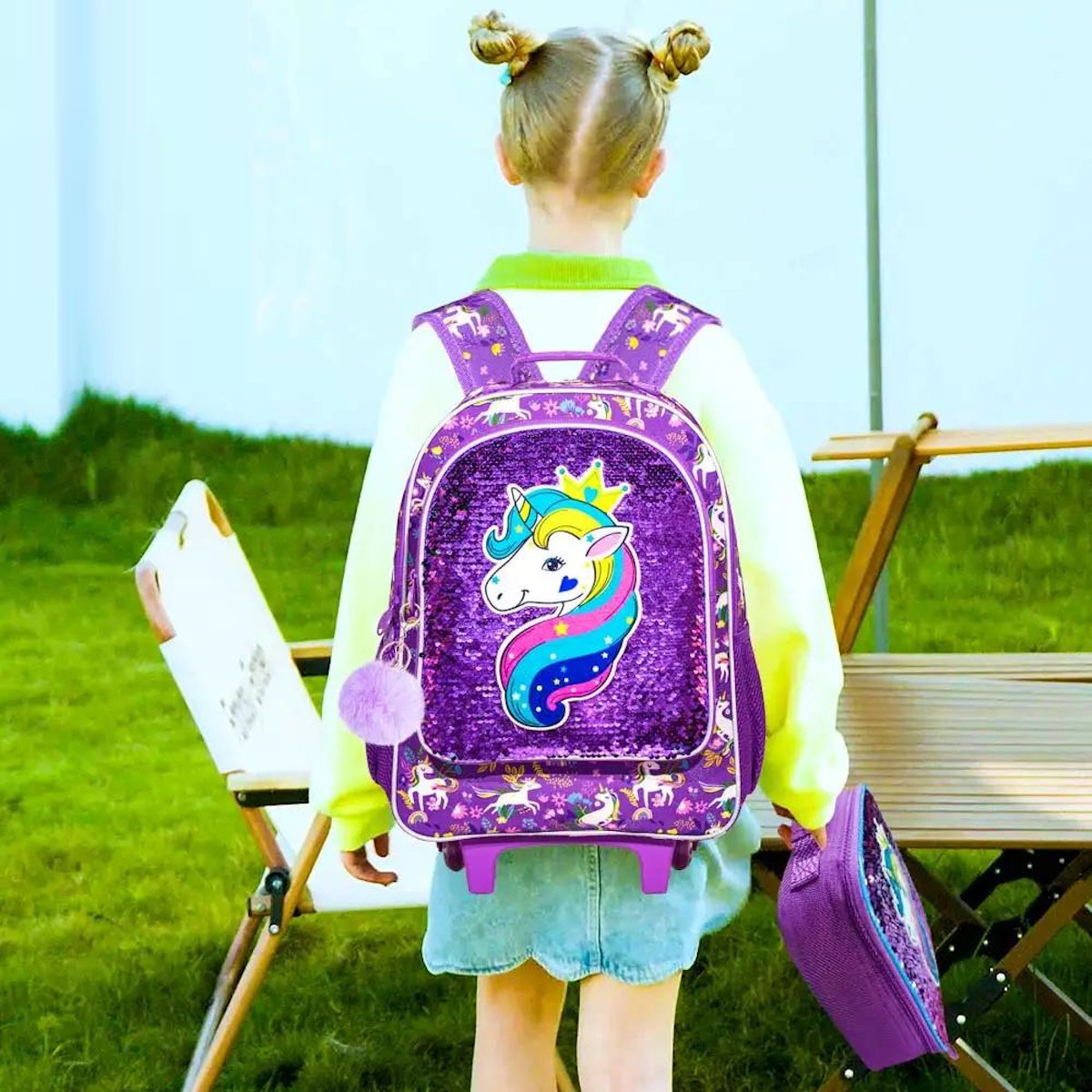 3PCS Reflective Glitter Unicorn Childrens Rucksack with Wheels and Lunchbox Pencil Case Set - ChildAngle