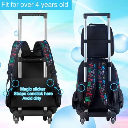 3PCS Game Console Pattern Childrens Rucksack with Wheels and Lunchbox Pencil Case Set - ChildAngle
