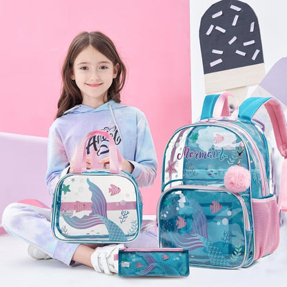3PCS Transparent Unicorn Mermaid Clear Backpack and Lunchbox Pencil Bag Set - ChildAngle