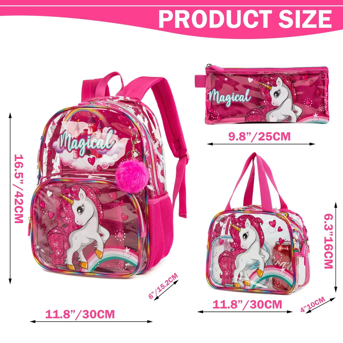 3PCS Transparent Unicorn Mermaid Clear Backpack and Lunchbox Pencil Bag Set - ChildAngle