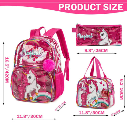 3PCS Transparent Unicorn Mermaid Clear Backpack and Lunchbox Pencil Bag Set - ChildAngle