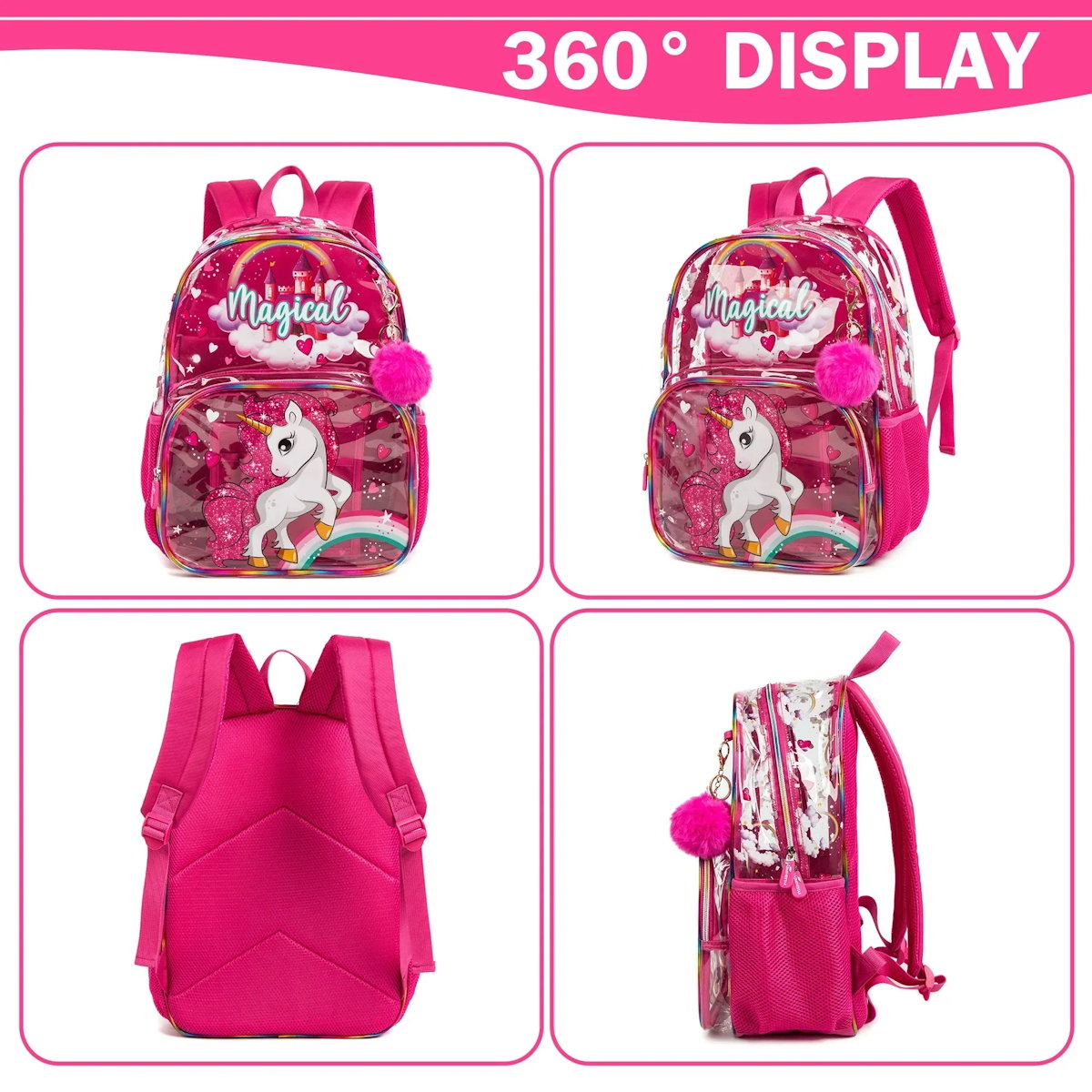 3PCS Transparent Unicorn Mermaid Clear Backpack and Lunchbox Pencil Bag Set - ChildAngle