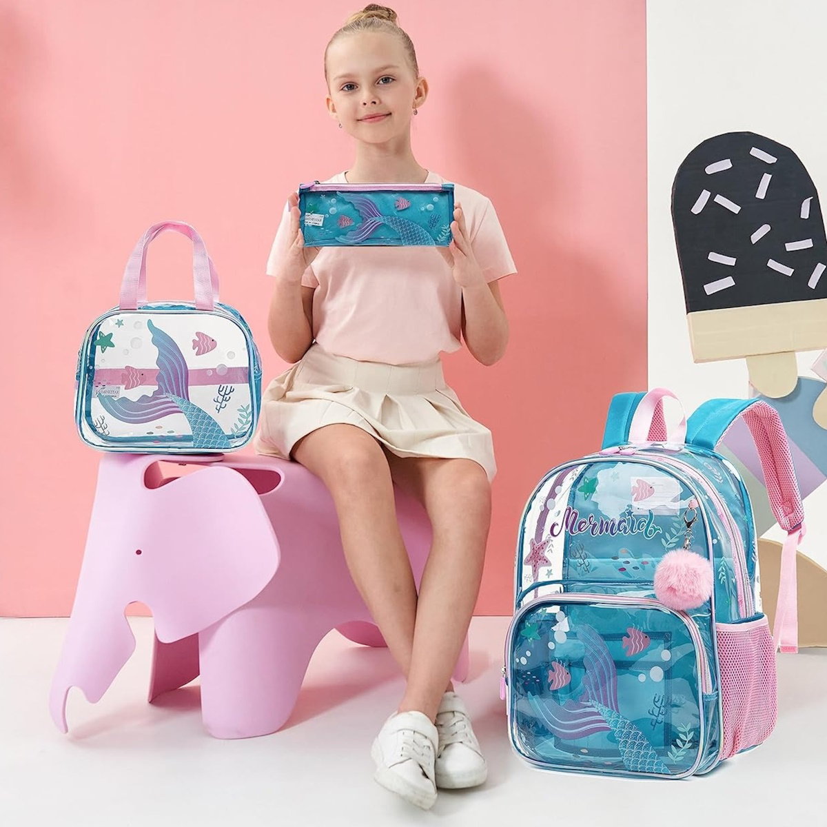 3PCS Transparent Unicorn Mermaid Clear Backpack and Lunchbox Pencil Bag Set - ChildAngle