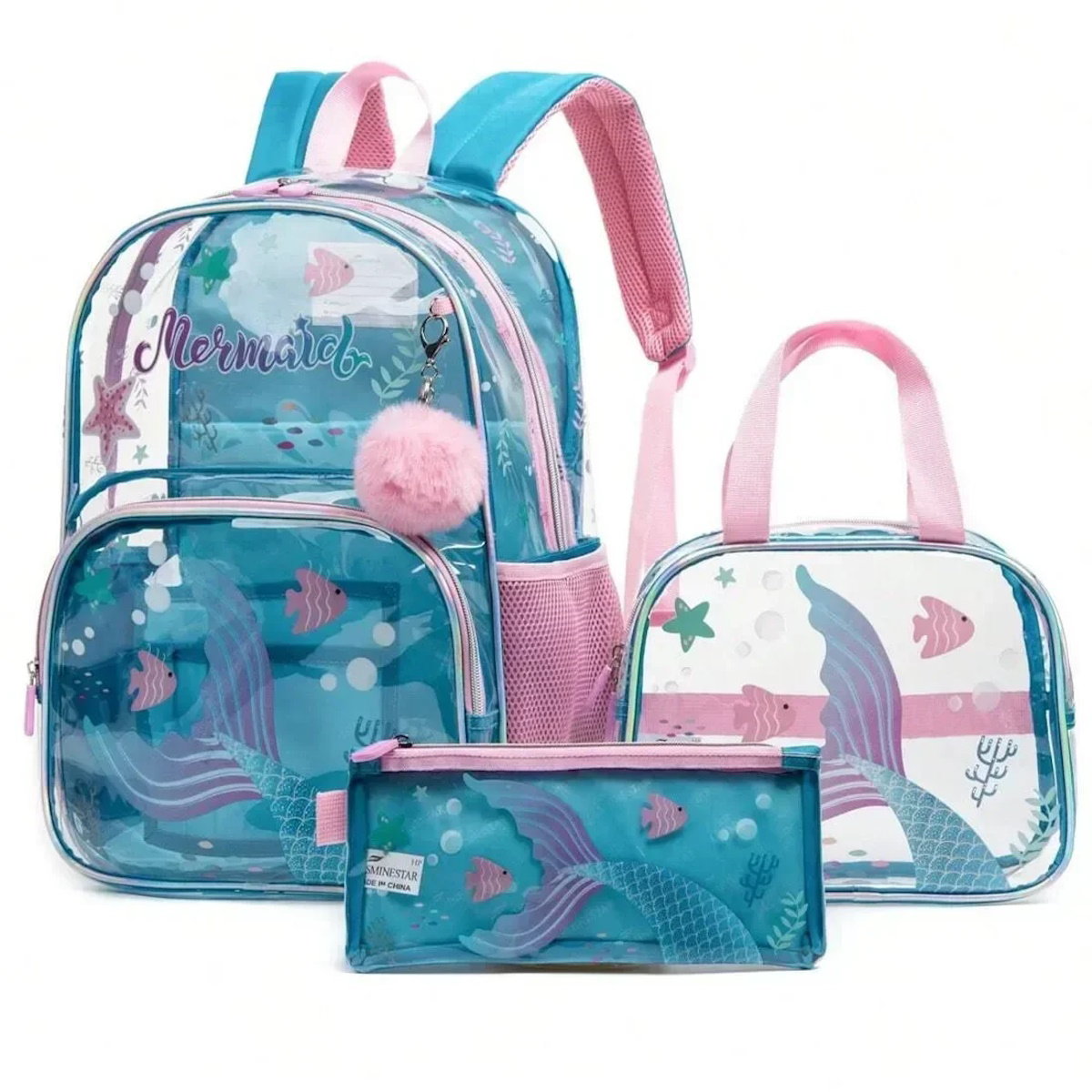 3PCS Transparent Unicorn Mermaid Clear Backpack and Lunchbox Pencil Bag Set - ChildAngle