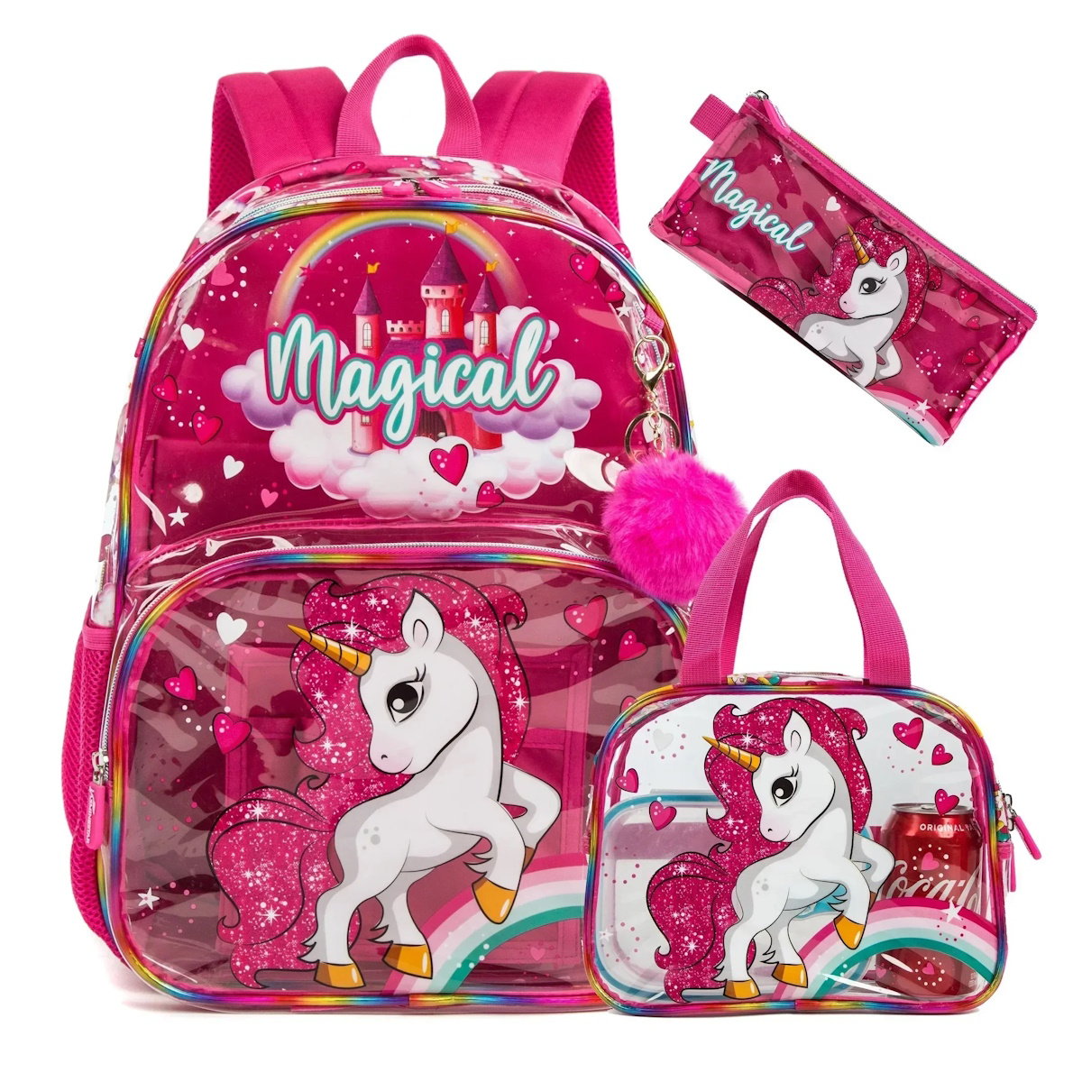 3PCS Transparent Unicorn Mermaid Clear Backpack and Lunchbox Pencil Bag Set - ChildAngle