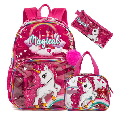 3PCS Transparent Unicorn Mermaid Clear Backpack and Lunchbox Pencil Bag Set - ChildAngle