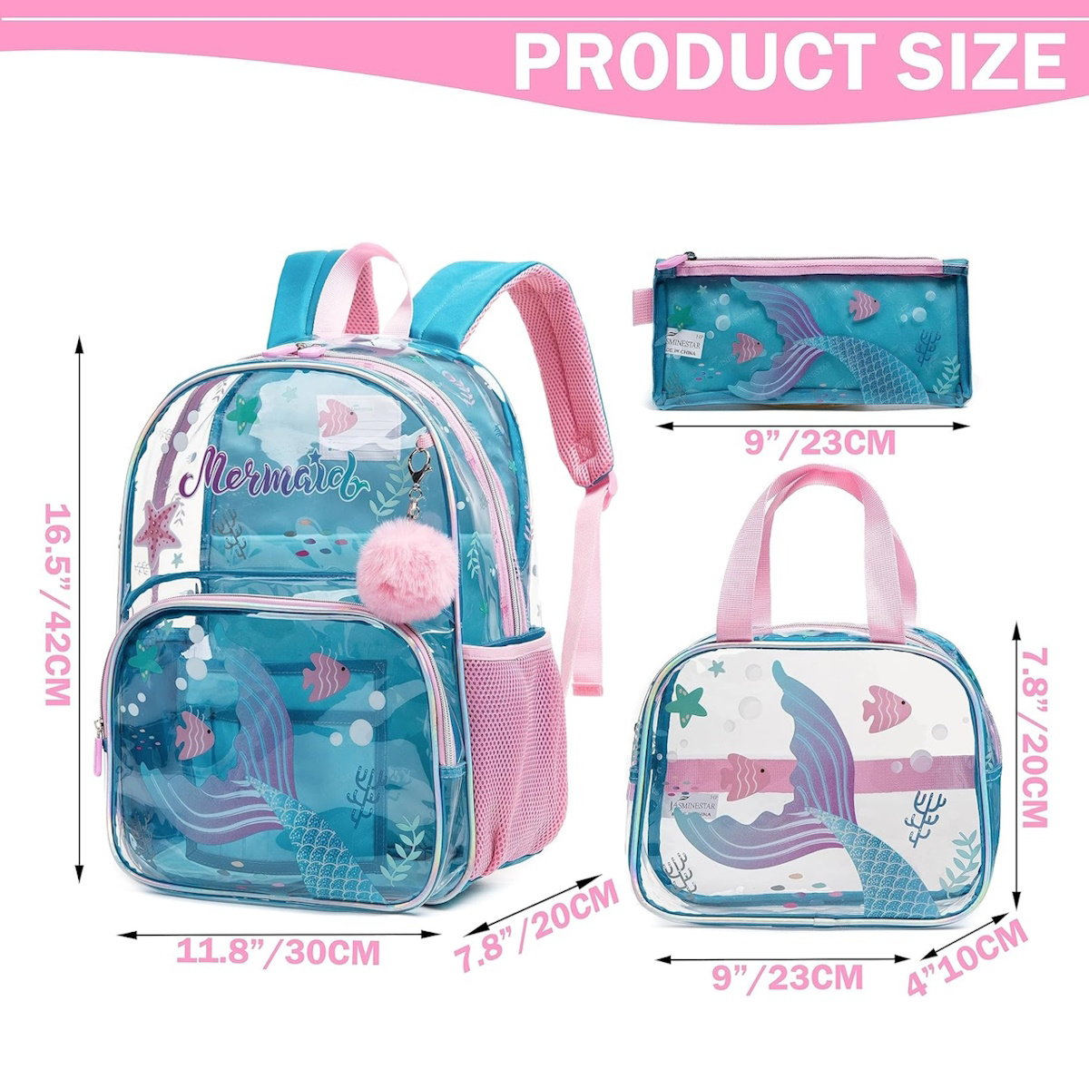 3PCS Transparent Unicorn Mermaid Clear Backpack and Lunchbox Pencil Bag Set - ChildAngle