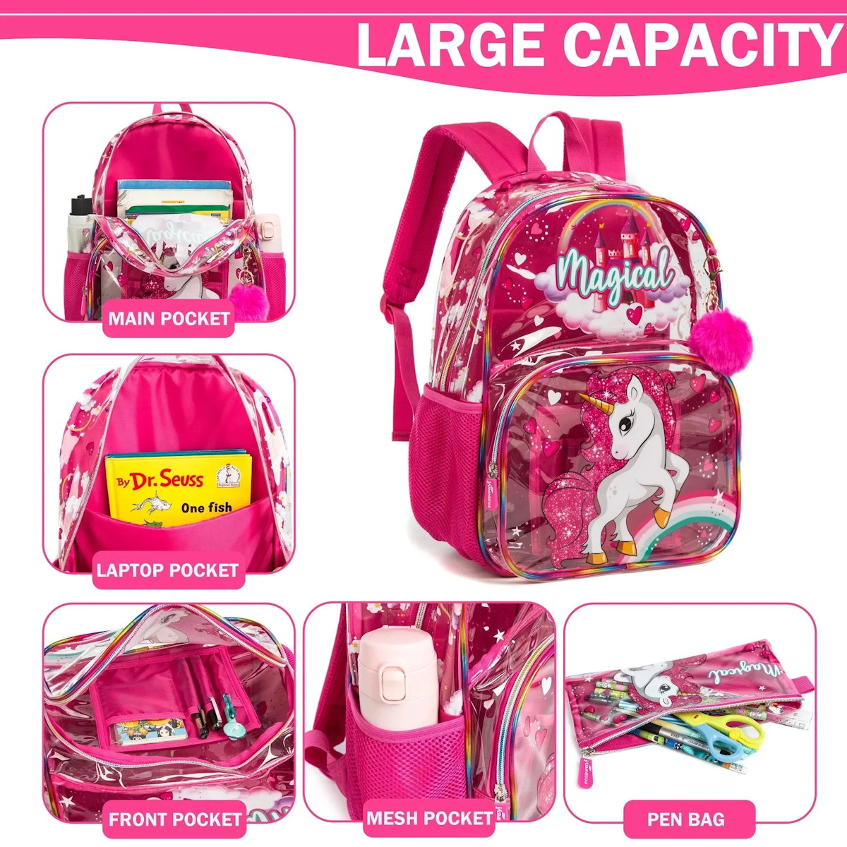 3PCS Transparent Unicorn Mermaid Clear Backpack and Lunchbox Pencil Bag Set - ChildAngle