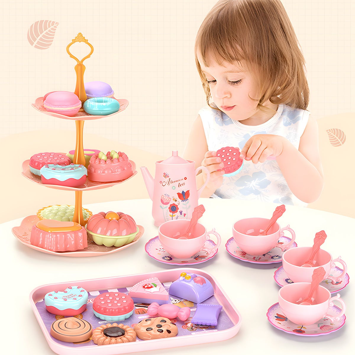 Children's afternoon tea set with pastel colors and a carrying case - ChildAngle Pretend Play Toys