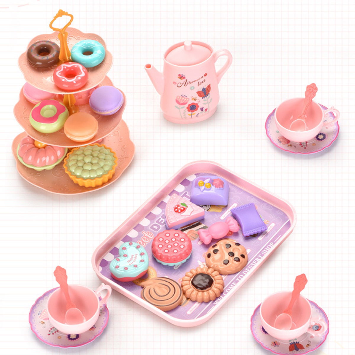 Children's afternoon tea set with pastel colors and a carrying case - ChildAngle Pretend Play Toys