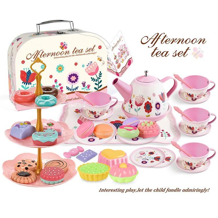 Children's afternoon tea set with pastel colors and a carrying case - ChildAngle Pretend Play Toys