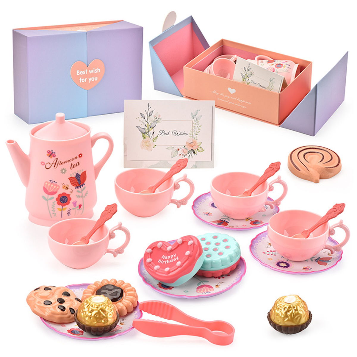 Children's afternoon tea set with pastel colors and a carrying case - ChildAngle Pretend Play Toys