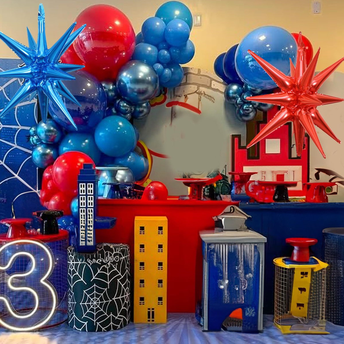 Starburst colorful balloon arch with red, blue, and silver balloons - ChildAngle Starburst 4th of July Balloons Garland