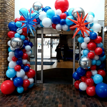 Starburst colorful balloon arch with red, blue, and silver balloons - ChildAngle Starburst 4th of July Balloons Garland