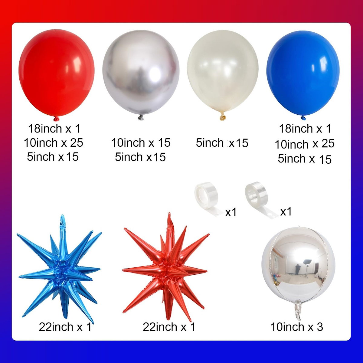 Starburst colorful balloon arch with red, blue, and silver balloons - ChildAngle Starburst 4th of July Balloons Garland
