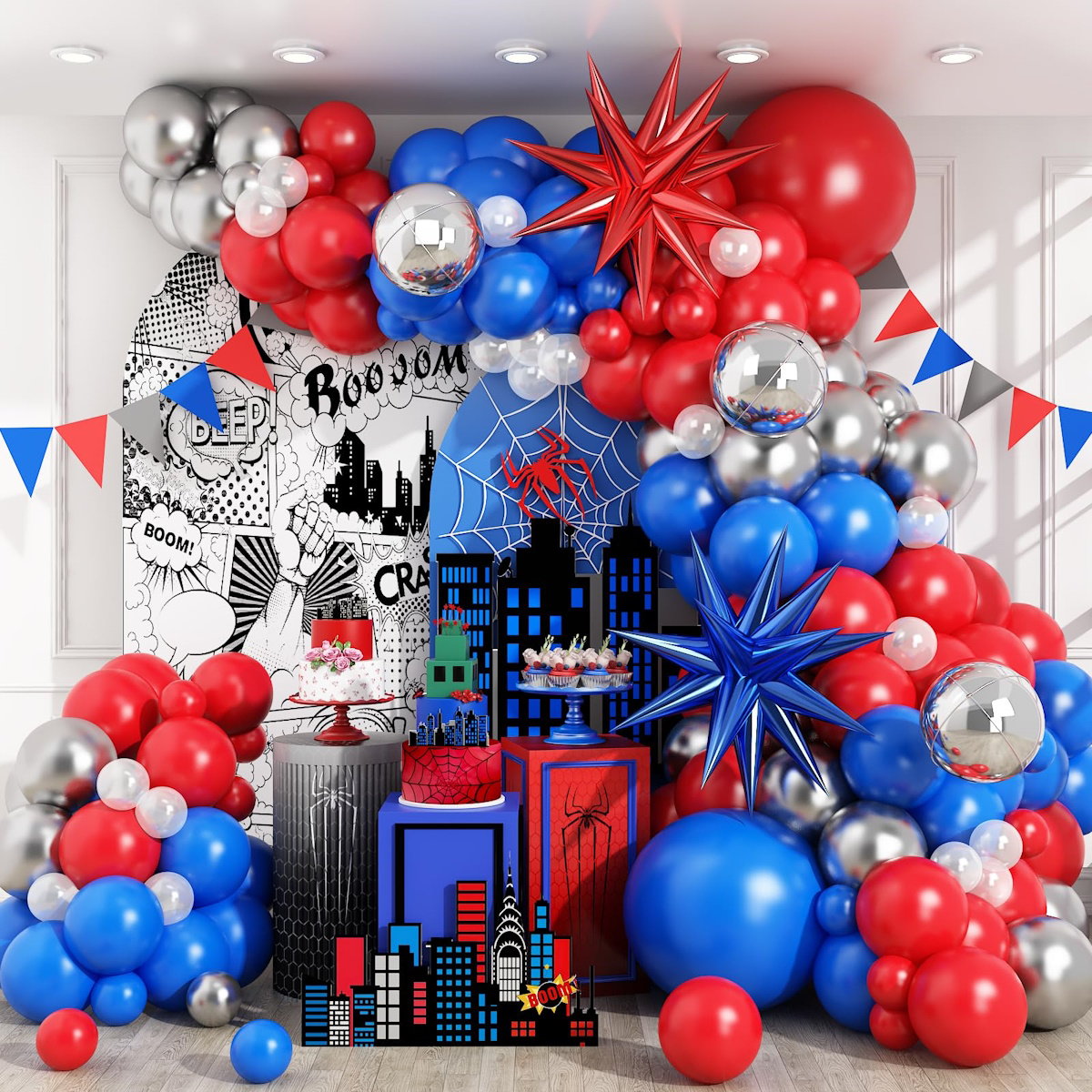 Starburst colorful balloon arch with red, blue, and silver balloons - ChildAngle Starburst 4th of July Balloons Garland