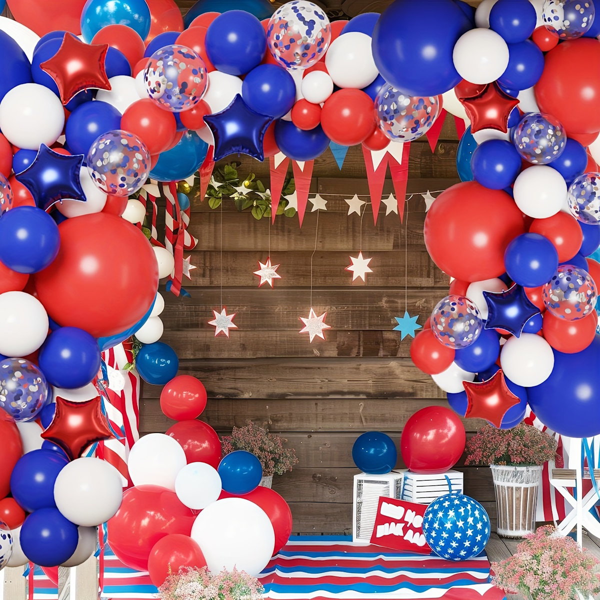 Balloon arch with red, blue, and white balloons in a patriotic theme -  ChildAngle 4th of July Balloons Patriotic Balloons Garland
